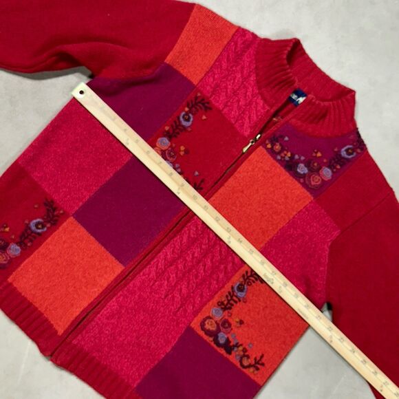 Vintage Tulchan Women's Large Zip Cardigan 100% Wool Red Floral Embroidered Fall - Picture 5 of 8